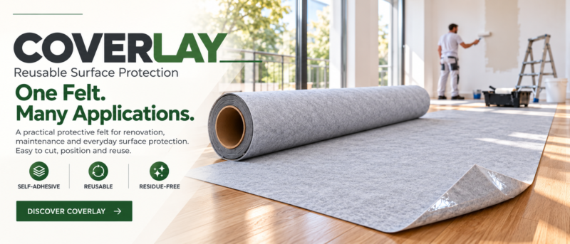 Eco Coverlay self-adhesive floor protection fleece rolled out on a parquet floor during painting work
