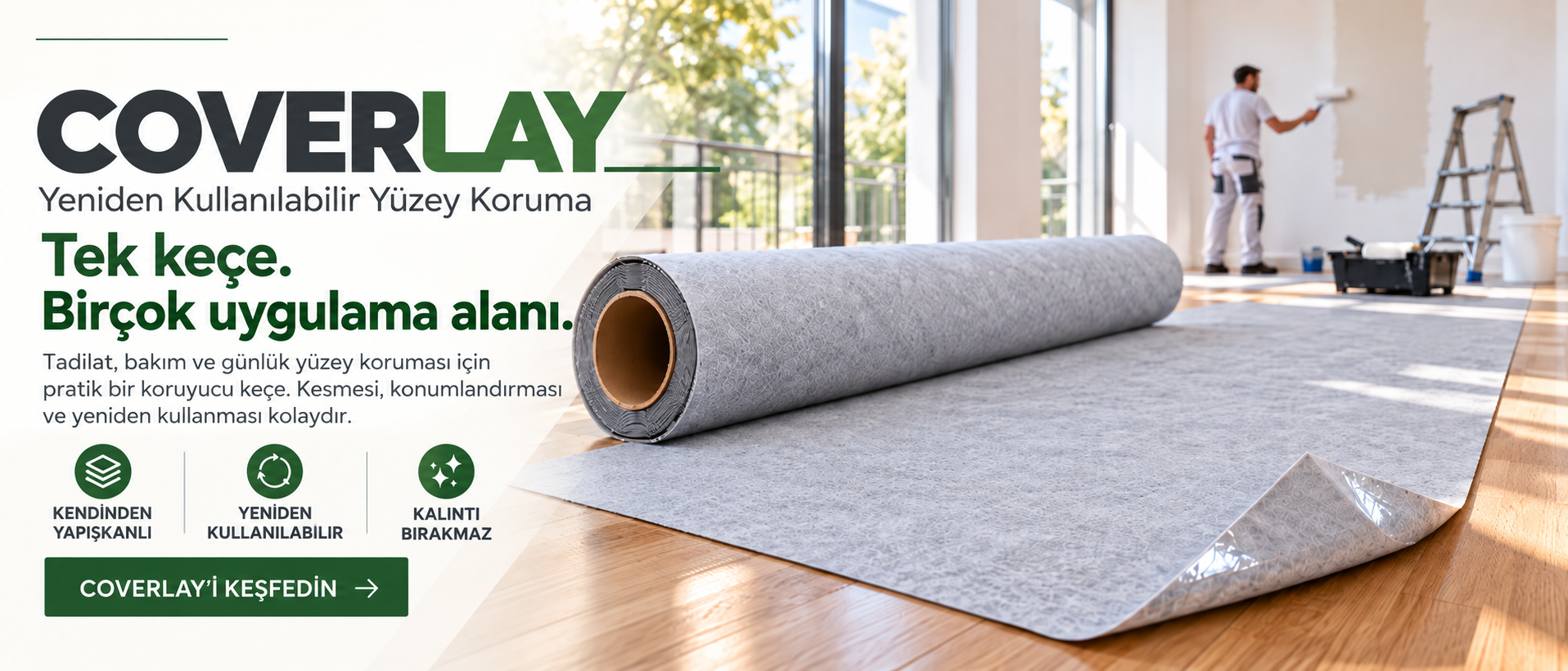 Boya işleri sırasında parke zemine serilen Eco Coverlay yapışkanlı zemin koruma keçesi