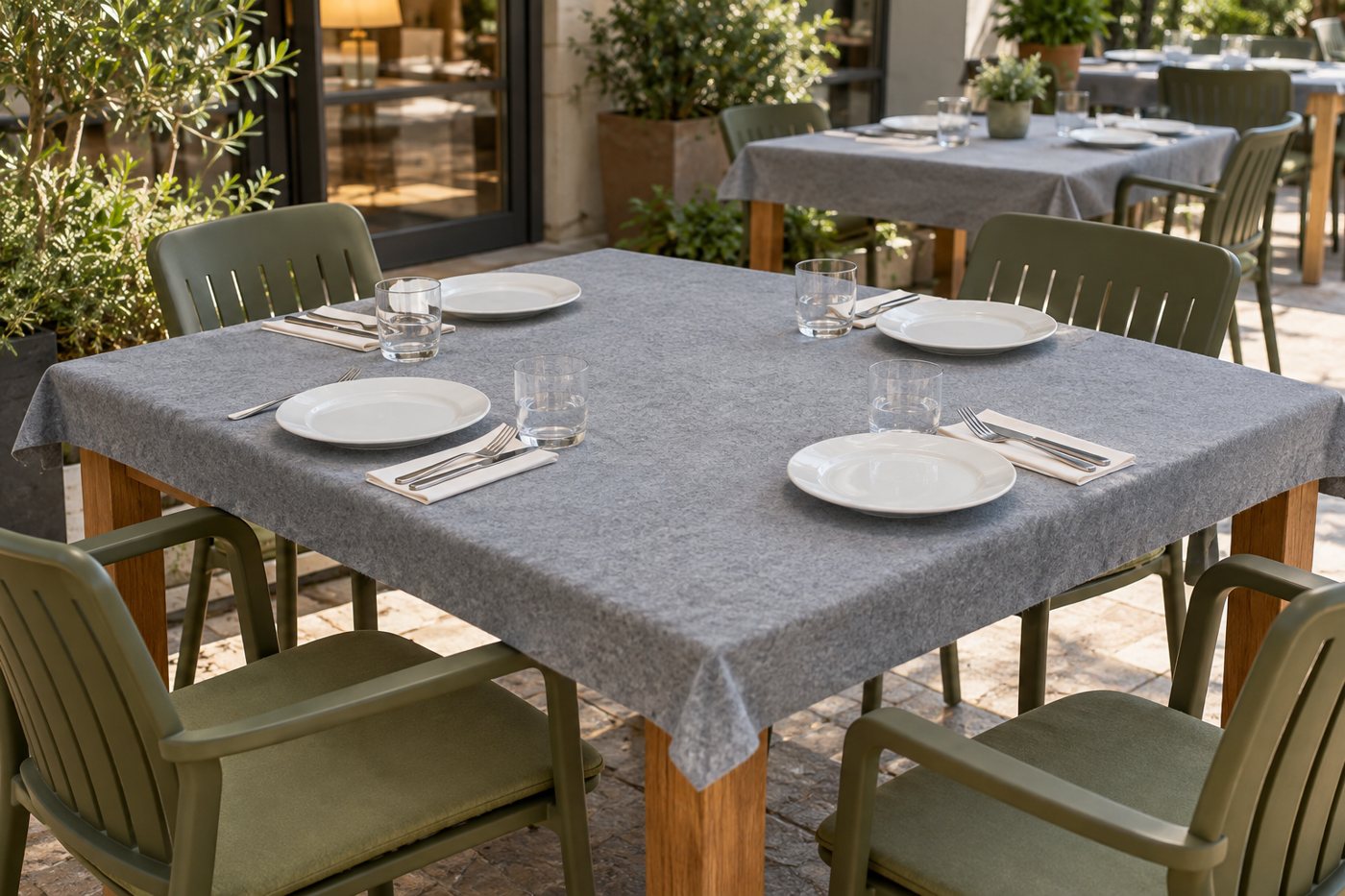 EcoCoverlay felt table covering on a restaurant terrace