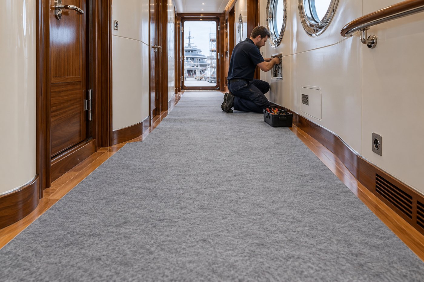 EcoCoverlay laid along a yacht corridor during technical work