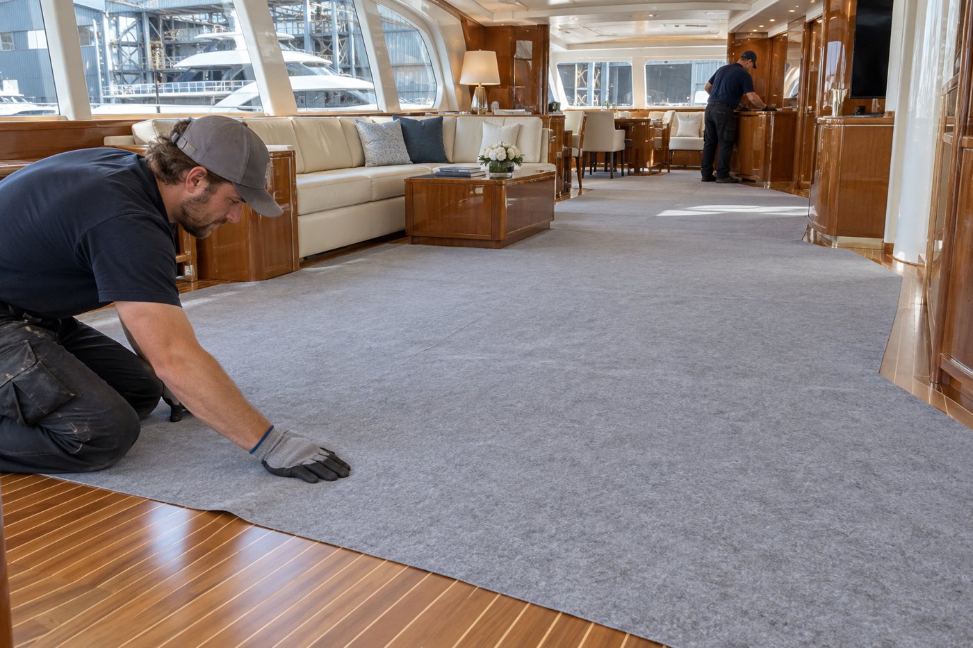 EcoCoverlay protecting a yacht salon floor during refit